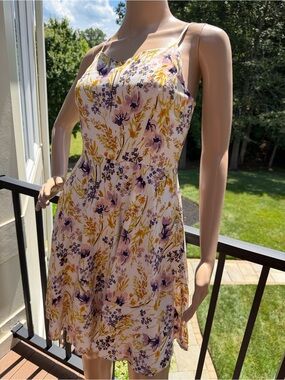 Old Navy Cream Floral Spaghetti-Strap Mini Dress with Purple and Yellow Print